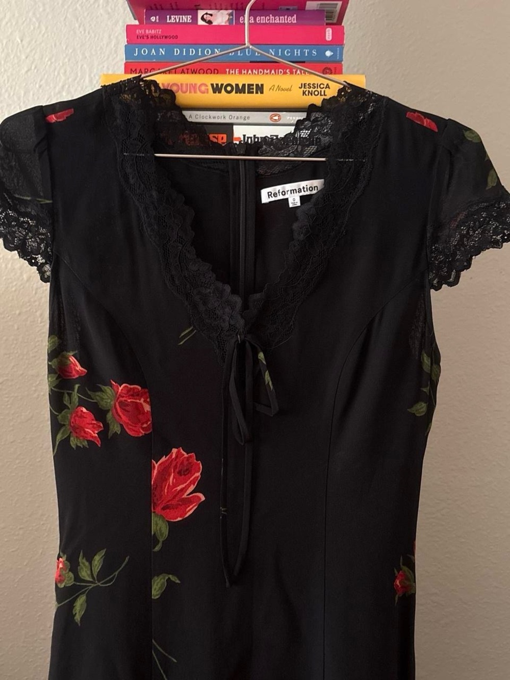 Reformation Black Midi Dress with Red Rose Print